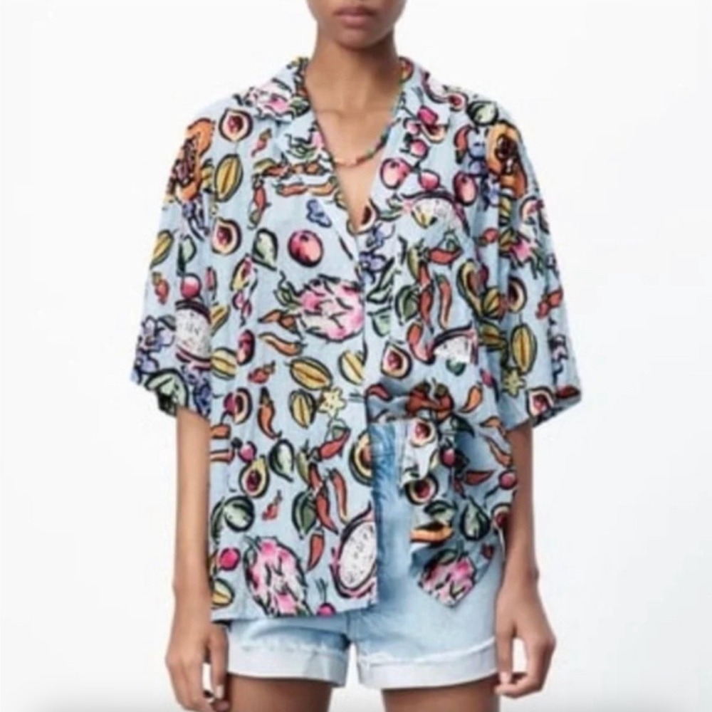 Zara Sz M Button Up Shirt Blue Tropical Fruit Seersucker Novelty Print Boxy
